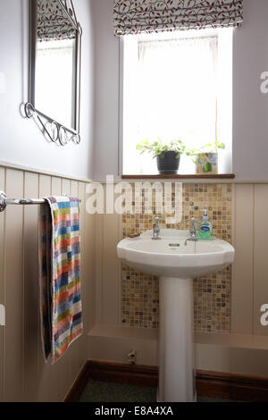 A downstairs cloakroom toilet and handbasin in a home in the UK. Stock Photo