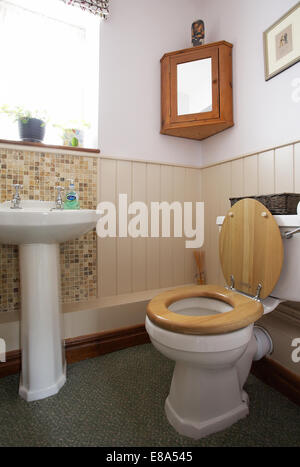 A downstairs cloakroom toilet and handbasin in a home in the UK. Stock Photo