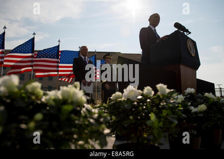 President Barack Obama delivers a speech commemorating the 13th Anniversary of the Sep. 11, 2001 terrorist attack on the Pentagon during the 9/11 Pentagon Observance Ceremony in Washington D.C., Sep. 11, 2014. Stock Photo