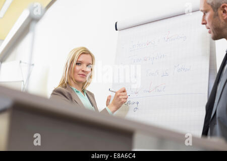 businesspeople at speakers desk in auditorium with flip chart Stock Photo
