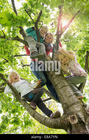 Mother and small kids in garden climbing tree Stock Photo