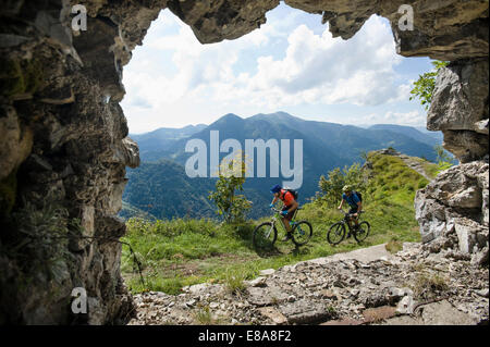 two mountain bikers on the way, Slatnik, Istria, Slovenia Stock Photo