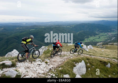 three mountain bikers looking at view, Vipava valley, Istria, Nanos, Slovenia Stock Photo