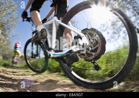 Men racing electic-mountainbikes off-road Stock Photo