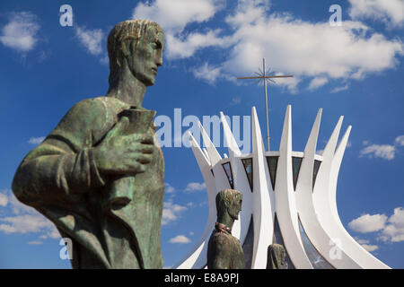 Four Evangelists sculptures outside Metropolitan Cathedral, Brasilia, Federal District, Brazil Stock Photo