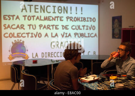 Two young men smoking marihuana Inside ADICB Cannabis association.  BARCELONA COFFEE SHOPS CANNABIS Marijuana In Barcelona  If y Stock Photo