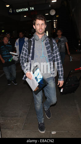 Napoleon Dynamite actor Jon Heder pools a goofy face as he arrives at Los Angeles International Airport (LAX)  Featuring: Jon Heder Where: Los Angeles, California, United States When: 30 Mar 2014 Stock Photo