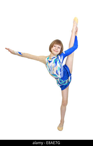 Gymnast girl doing arabesque vertical splits isolated on white background Stock Photo
