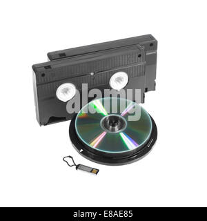 Cartridges, compact disk and flash memory card isolated on white background Stock Photo