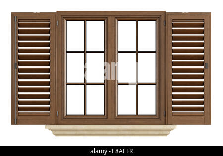 Wooden window  with open shutter isolated on white - rendering Stock Photo