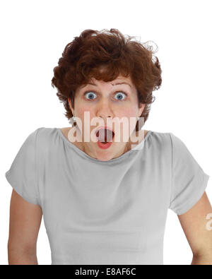 Young woman with expression of horror on her face isolated on white background Stock Photo
