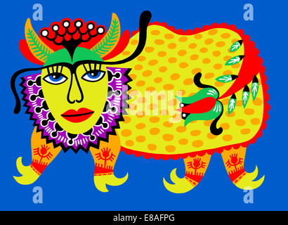 Fantasy animal. Ukrainian traditional painting. Karakoko style. Stock Photo