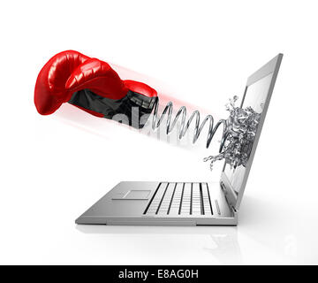 Boxing glove with spring coming out from computer screen, forming a splash from liquid crystals. On white background. Stock Photo