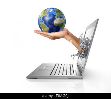 Earth globe on hand palm, coming out from a laptop computer, forming a liquid splash on the screen. Isolated on white background Stock Photo