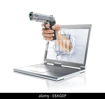 Man's hand holding gun, coming out from laptop screen forming a splash from liquid crystals. On white background, with clipping path included. Stock Photo