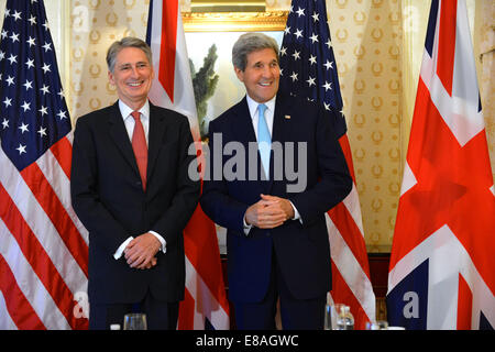 U.S. Secretary of State John Kerry meets with UK Foreign Secretary Philip Hammond in New York City on September 22, 2014. The Secretary is holding meetings in conjunction with the 69th Session of the United Nations General Assembly. Stock Photo