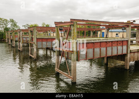 An eel fishery spanning a river. Stock Photo