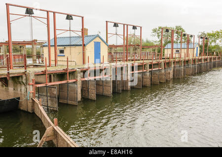 An eel fishery spanning a river. Stock Photo