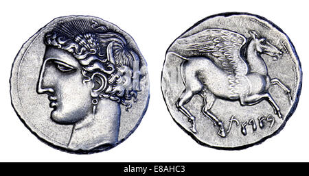 Carthaginian coin from the First Punic War: Obv: Carthaginian goddess Tanit / Rev: Pegasus [Replica] Stock Photo