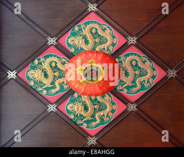 Red lantern and dragon motifs on ceiling of Buddhist temple Stock Photo