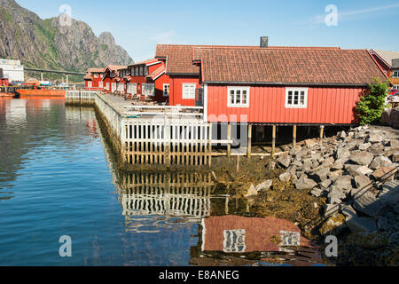 traditional rorbuer fishermens cabins in Svolvaer harbour in the Lofoten Islands, Norway Stock Photo