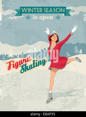 Winter sport poster in retro style with figure skater girl and titles Stock Photo