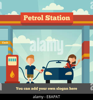 Young man helps girl to fuel her car. The Petrol station concept Stock Photo