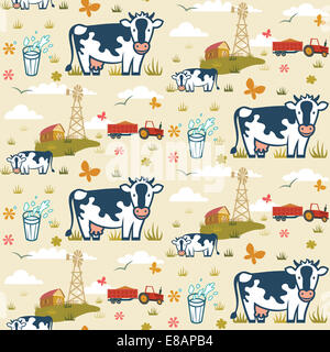 Cows on a farm background seamless pattern Stock Photo