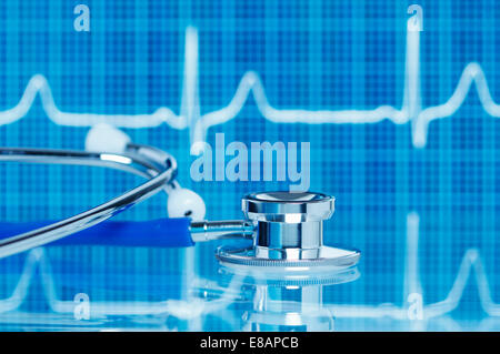 Acoustic stethoscope in front of electrocardiogram (pulse trace) displayed on a digital tablet screen Stock Photo