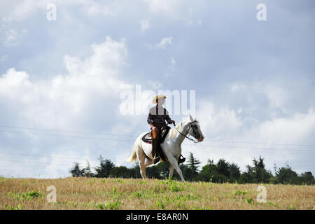 Young man in cowboy gear trotting on horse in field Stock Photo