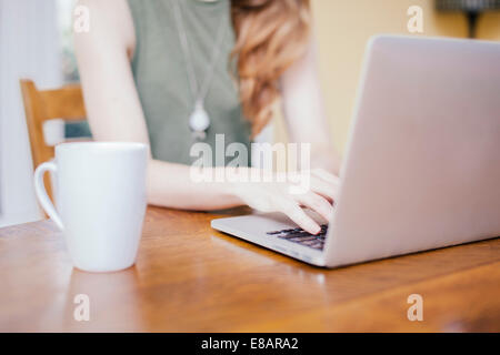 Cropped shot of young woman typing on laptop at dining room table Stock Photo