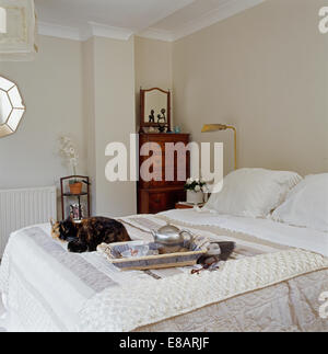 Breakfast tray on bed with cream quilt and white pillows in light beige bedroom Stock Photo