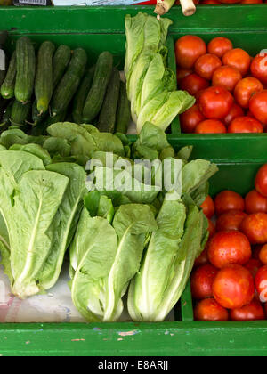 Organic fruit and vegetables on display in the village of Fiskardo on the Island of Kefalonia in Greece. Stock Photo