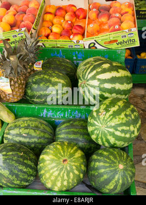 Organic fruit and vegetables on display in the village of Fiskardo on the Island of Kefalonia in Greece. Stock Photo