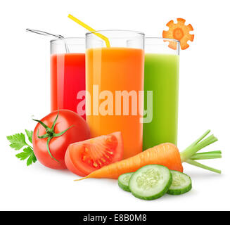 Isolated juices. Glasses of fresh juice and pile of tropical