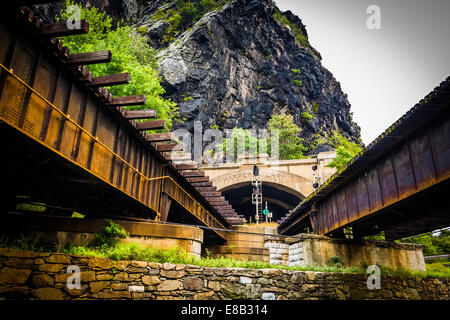 Train bridges and tunnel in Harper's Ferry, West Virginia. Stock Photo