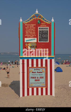 Traditional Punch and Judy show stall on the beach at Weymouth, Dorset UK Stock Photo