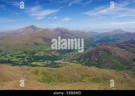 Village of Beddgelert elevated view with Snowdon Yr Wyddfa and Gwynant valley Snowdonia NAtional PArk Gwynedd Wales UK Stock Photo