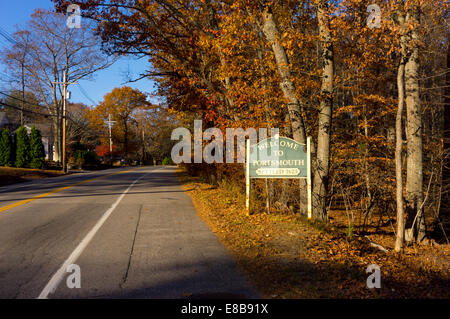 Road sign welcoming visitors to Portsmouth, New Hampshire, USA, settled in 1623. Stock Photo