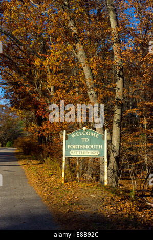 Road sign welcoming visitors to Portsmouth, New Hampshire, USA, settled in 1623. Stock Photo