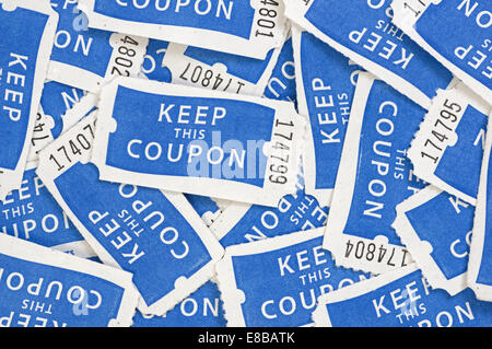 close up of blue and white keep this coupon numbered raffle tickets background Stock Photo