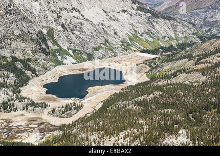 aerial view showing low water level in South Lake reservoir in California because of drought Stock Photo
