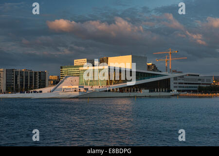 View of the Oslo Opera House at sunset, Oslo, Norway Stock Photo