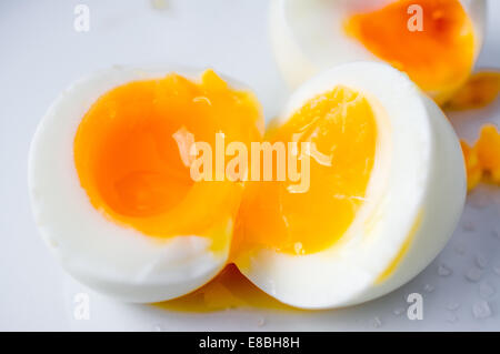 Two soft boiled eggs broken in half Stock Photo