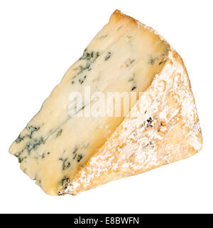 Wedge of blue Stilton cheese cut out or isolated against a white background. Stock Photo