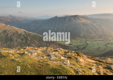 View from the summit of Pike Of Blisco over The band and the Great Langdale Valley to the Langdale Pikes, English, Lake District Stock Photo