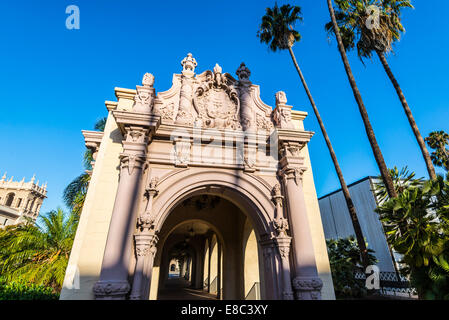 Walking path leading into an arched structure at Balboa Park. San Diego,California, United States.. Stock Photo