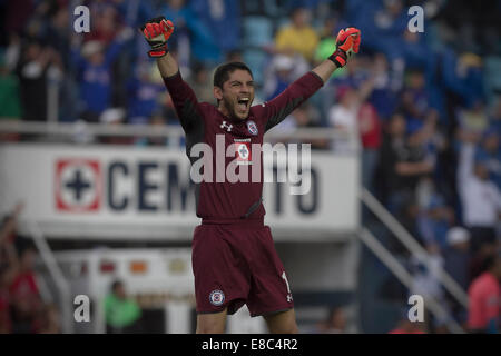 Mexico City, Mexico. 27th Feb, 2016. Cruz Azul's goalkeeper Jesus Corona  celebrates a score during the match of Day 8 of 2016 Closing Tourmament of  MX League against Monterrey in Mexico City