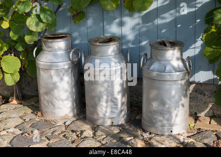 three churns for milk with plants and wood as background Stock Photo