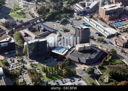 aerial view of Quarry Hill including Leeds Playhouse, Skyline Apartments, Northern Ballet, Leeds College of Music, BBC North Stock Photo